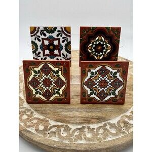 Set 4 MEXICO TALAVERA CERAMIC POTTERY TILES Hand Made 4.25" Sq Coaster Mandala